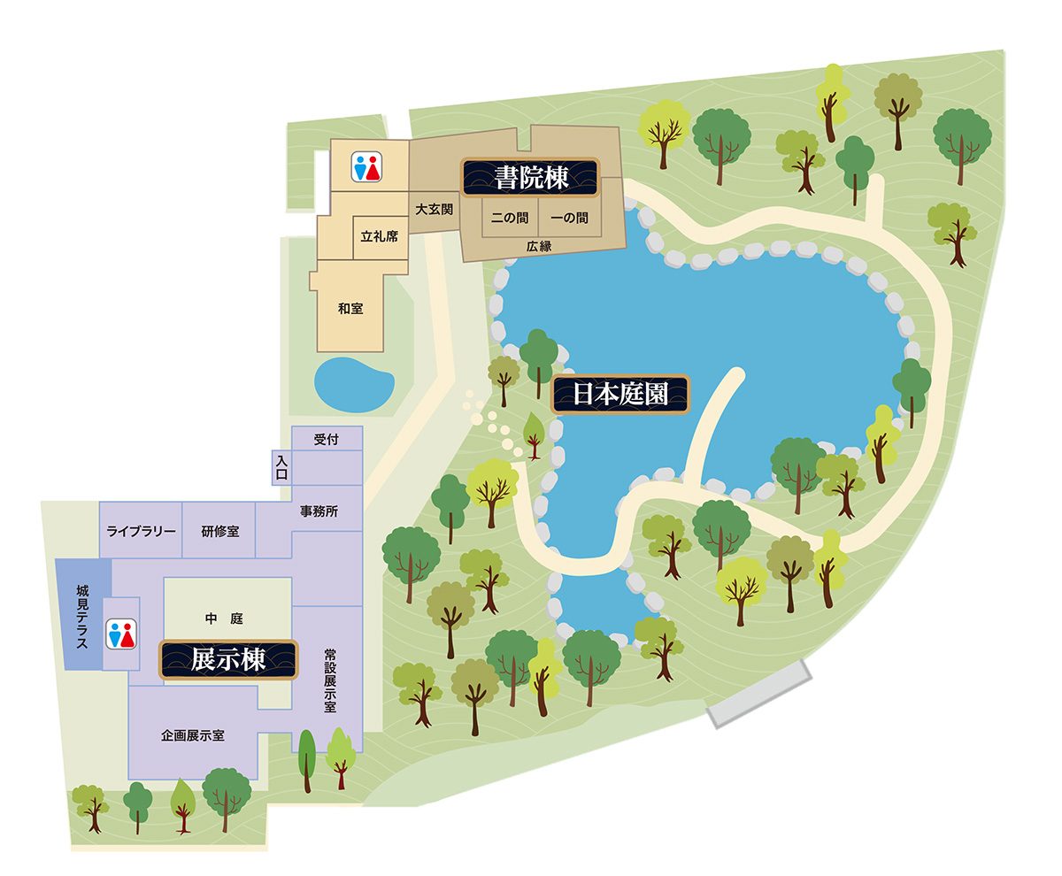 小倉城庭園の案内図（書院棟・立礼席・和室・日本庭園・展示棟・城見テラスの配置）